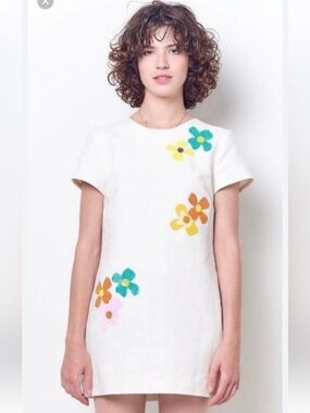 Corey Lynn Calter 'Tanya' Shift LINEN Dress with Sequin Flower XS